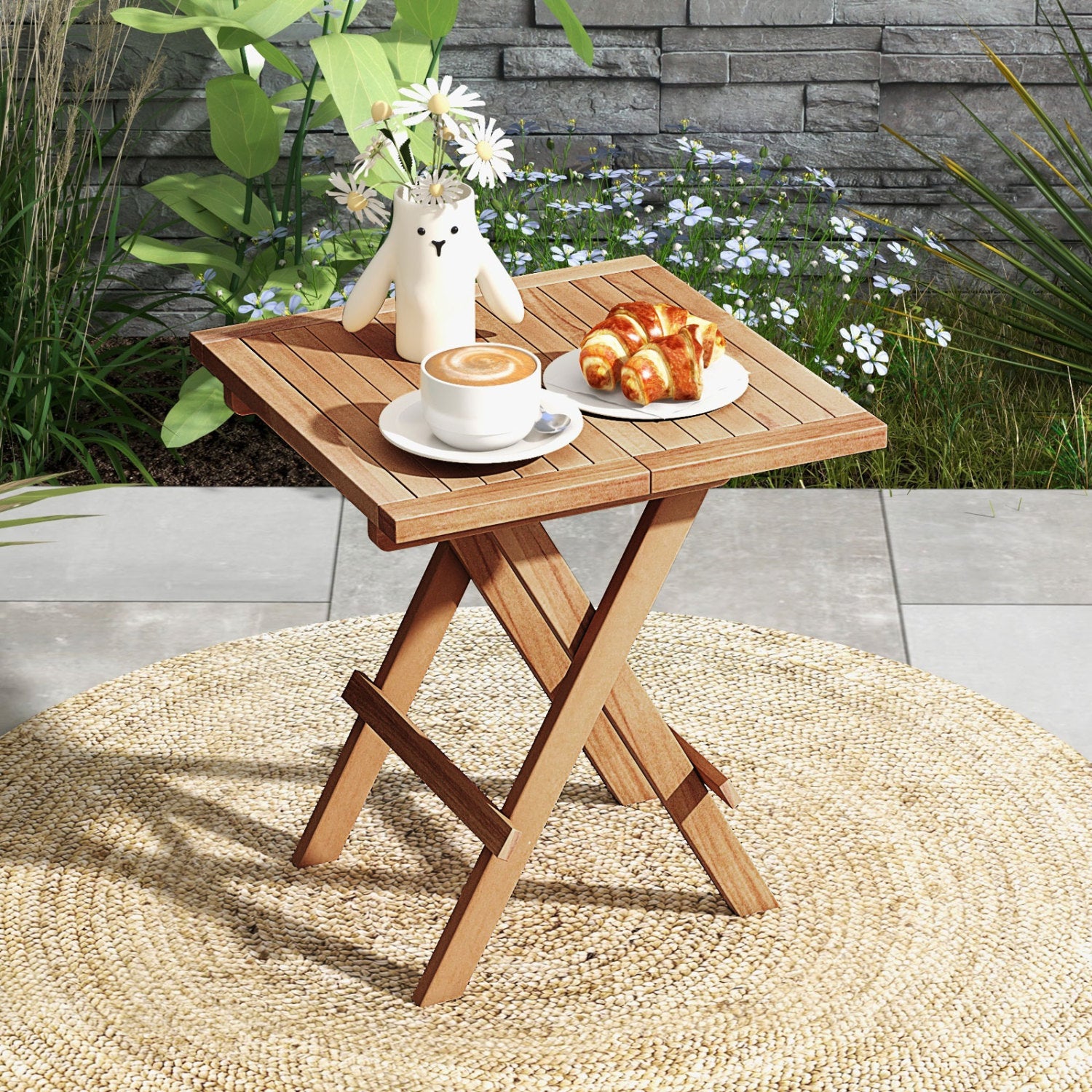 Teak Wood Square Coffee Table, X-Shaped Legs, Slatted Tabletop, Natural Patio Coffee Tables at Gallery Canada