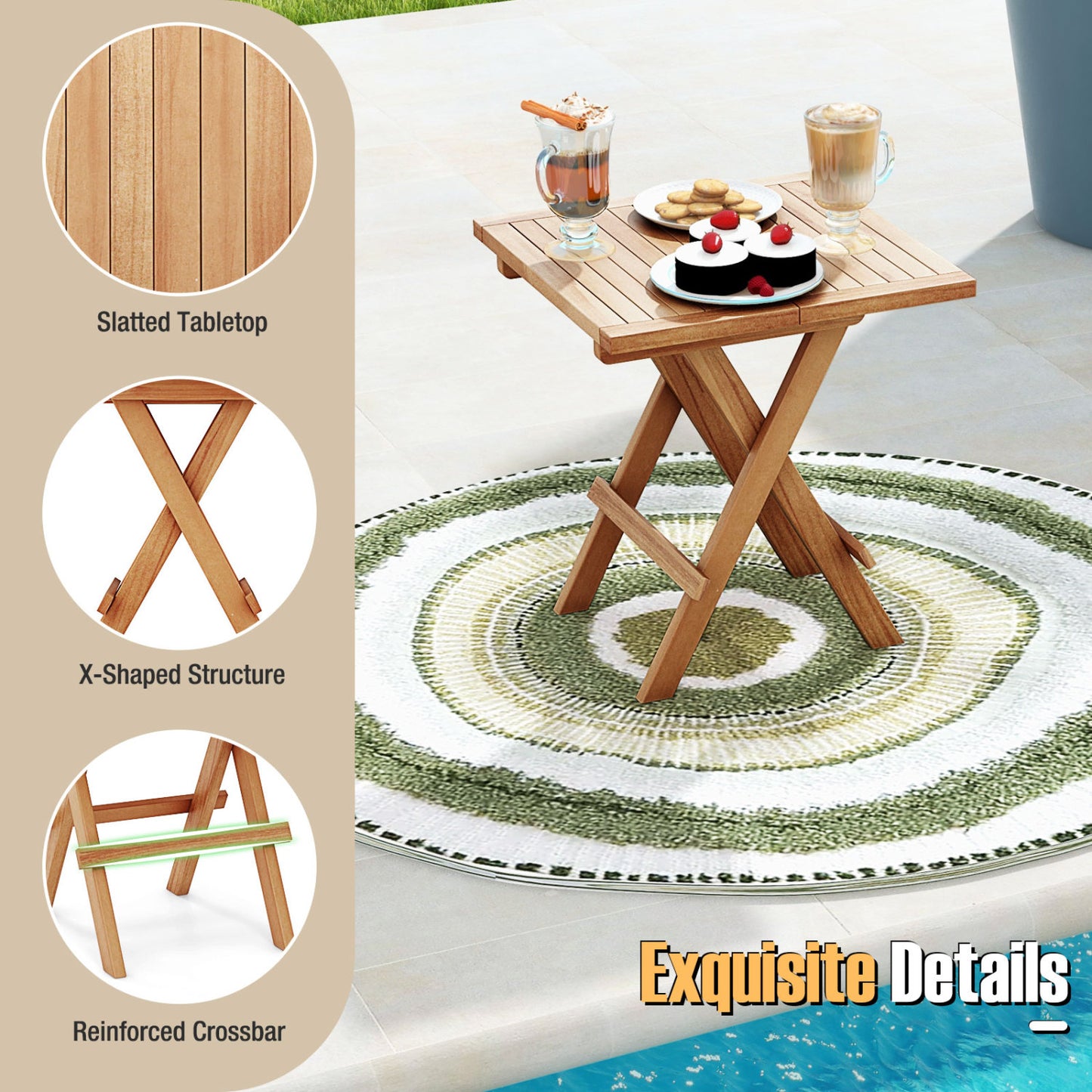 Teak Wood Square Coffee Table, X-Shaped Legs, Slatted Tabletop, Natural Patio Coffee Tables at Gallery Canada