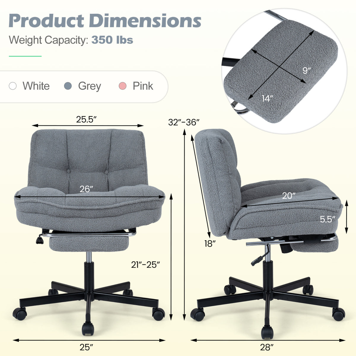 Teddy Plush Office Chair, Footrest, Adjustable Height, Gray
