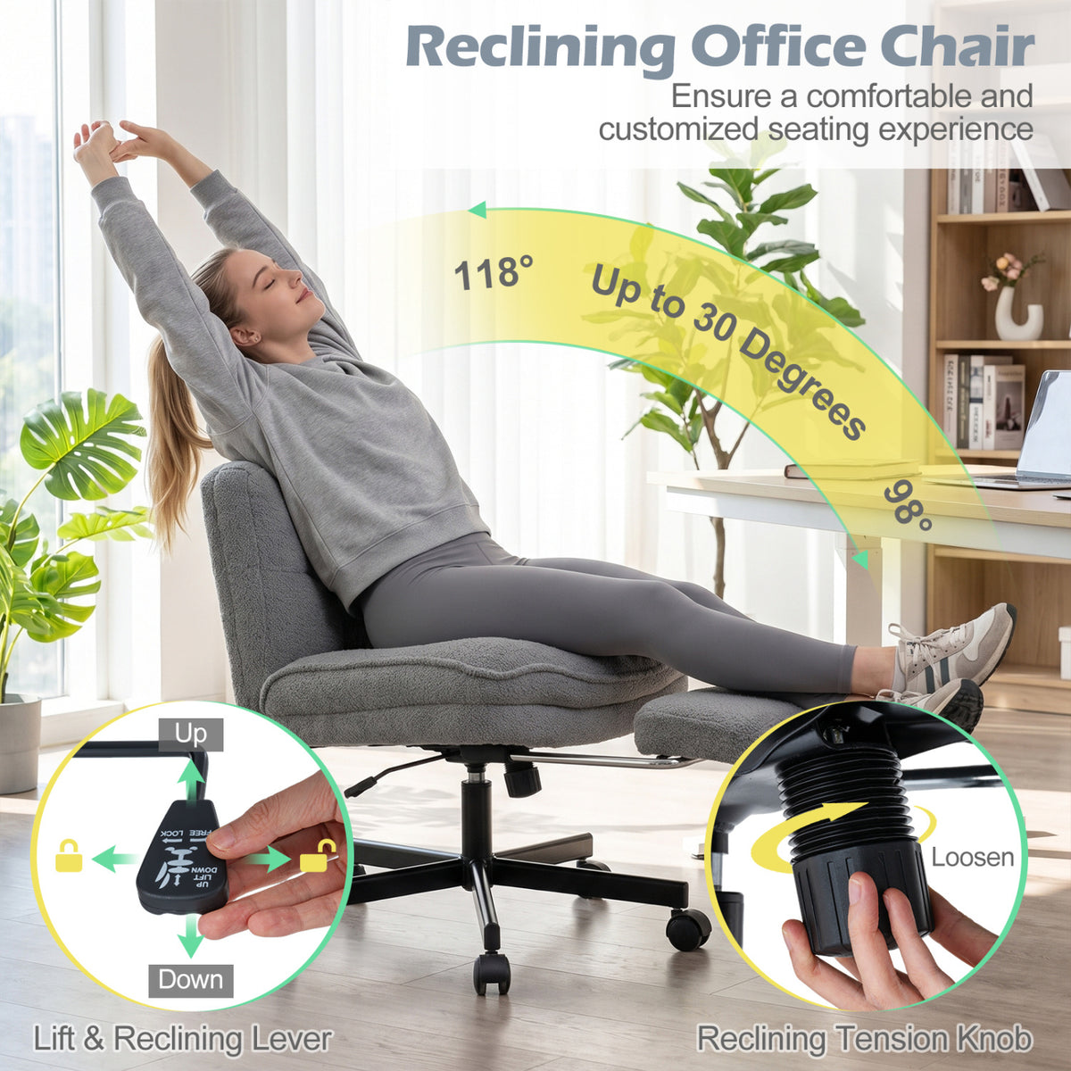 Teddy Plush Office Chair, Footrest, Adjustable Height, Gray