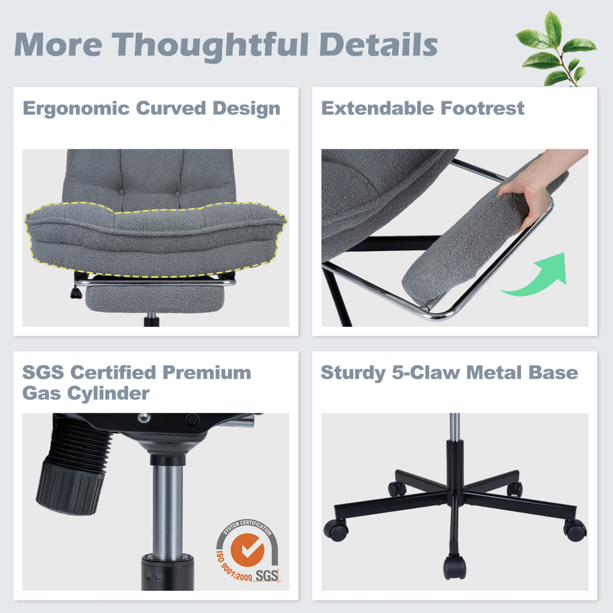 Teddy Plush Office Chair, Footrest, Adjustable Height, Gray