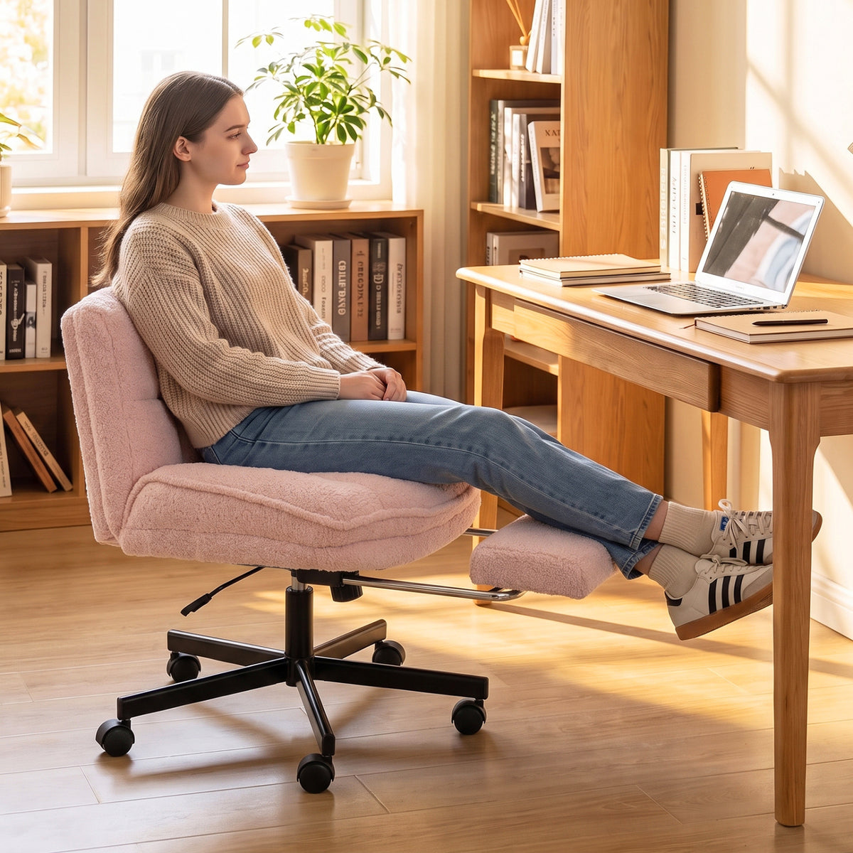 Fauteuil de bureau en peluche Teddy, repose-pieds, réglable, rose