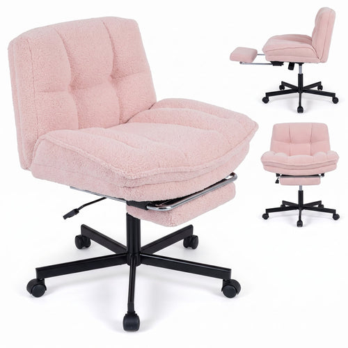 Teddy Plush Office Chair, Footrest, Adjustable, Pink