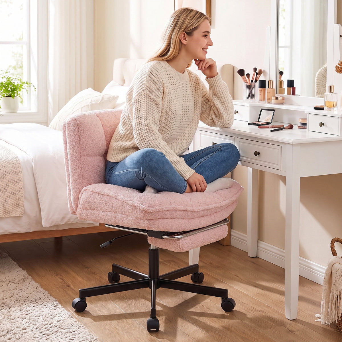 Fauteuil de bureau en peluche Teddy, repose-pieds, réglable, rose