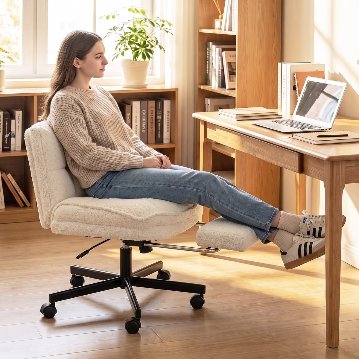 Fauteuil de bureau en peluche Teddy avec repose-pieds, hauteur réglable, blanc
