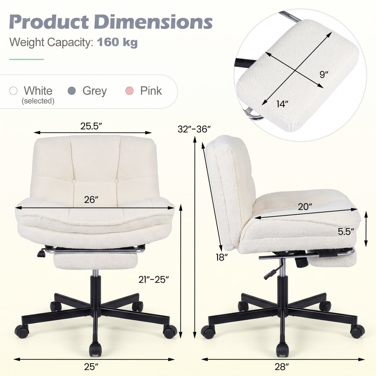 Fauteuil de bureau en peluche Teddy avec repose-pieds, hauteur réglable, blanc