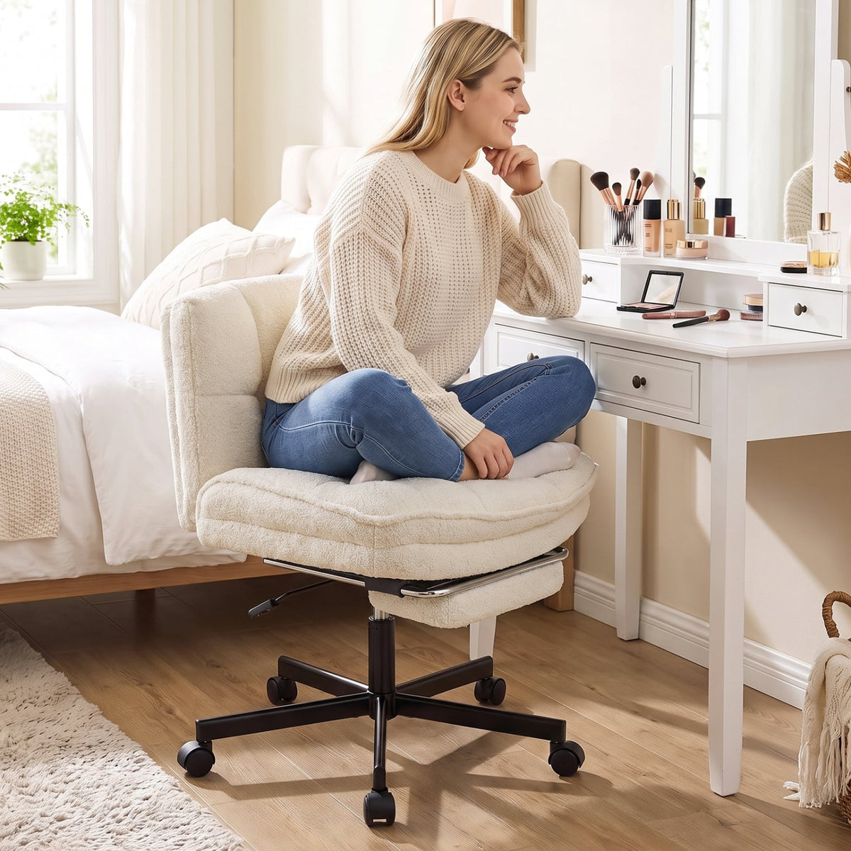 Fauteuil de bureau en peluche Teddy avec repose-pieds, hauteur réglable, blanc