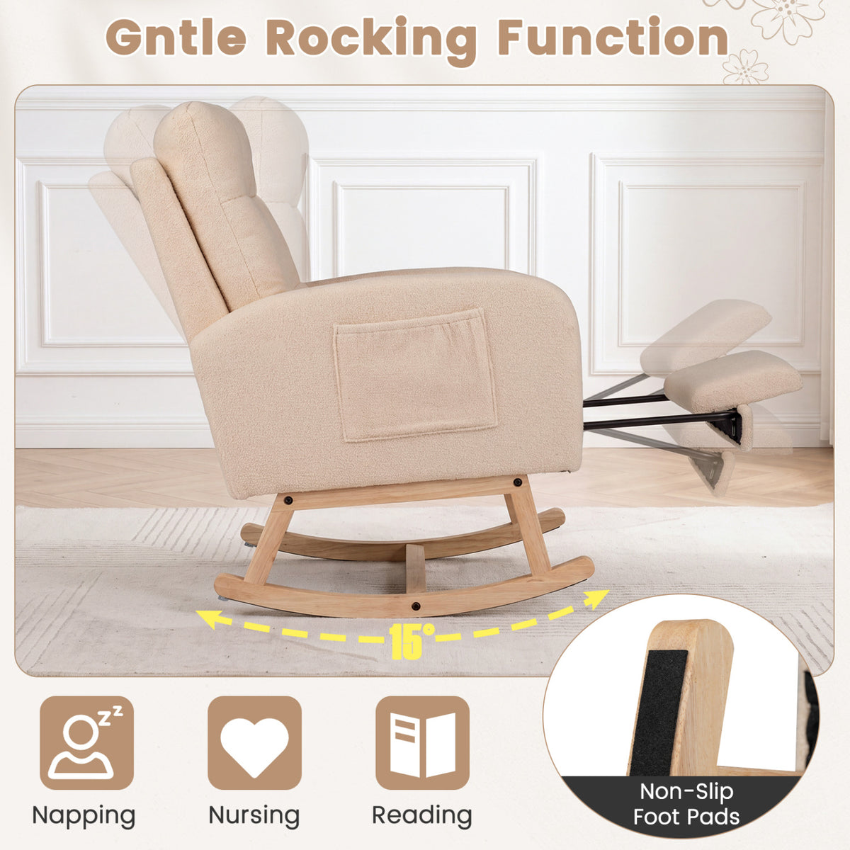Chaise à bascule rembourrée Teddy, repose-pieds escamotable, beige