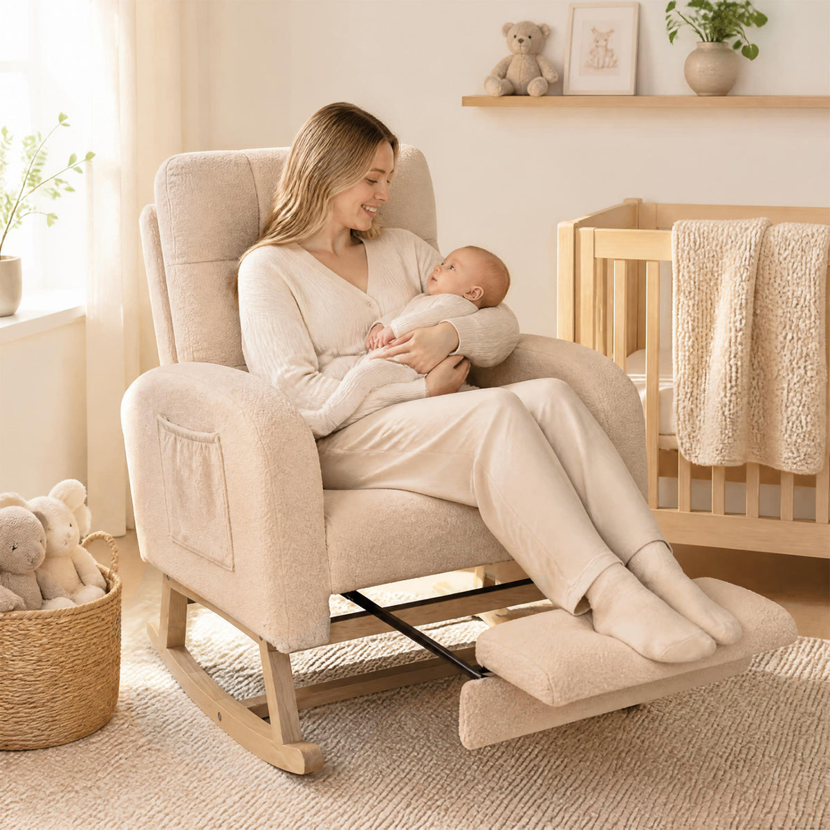 Chaise à bascule rembourrée Teddy, repose-pieds escamotable, beige