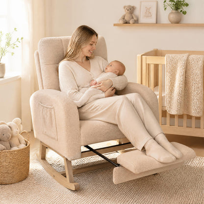 Chaise à bascule rembourrée Teddy, repose-pieds escamotable, beige