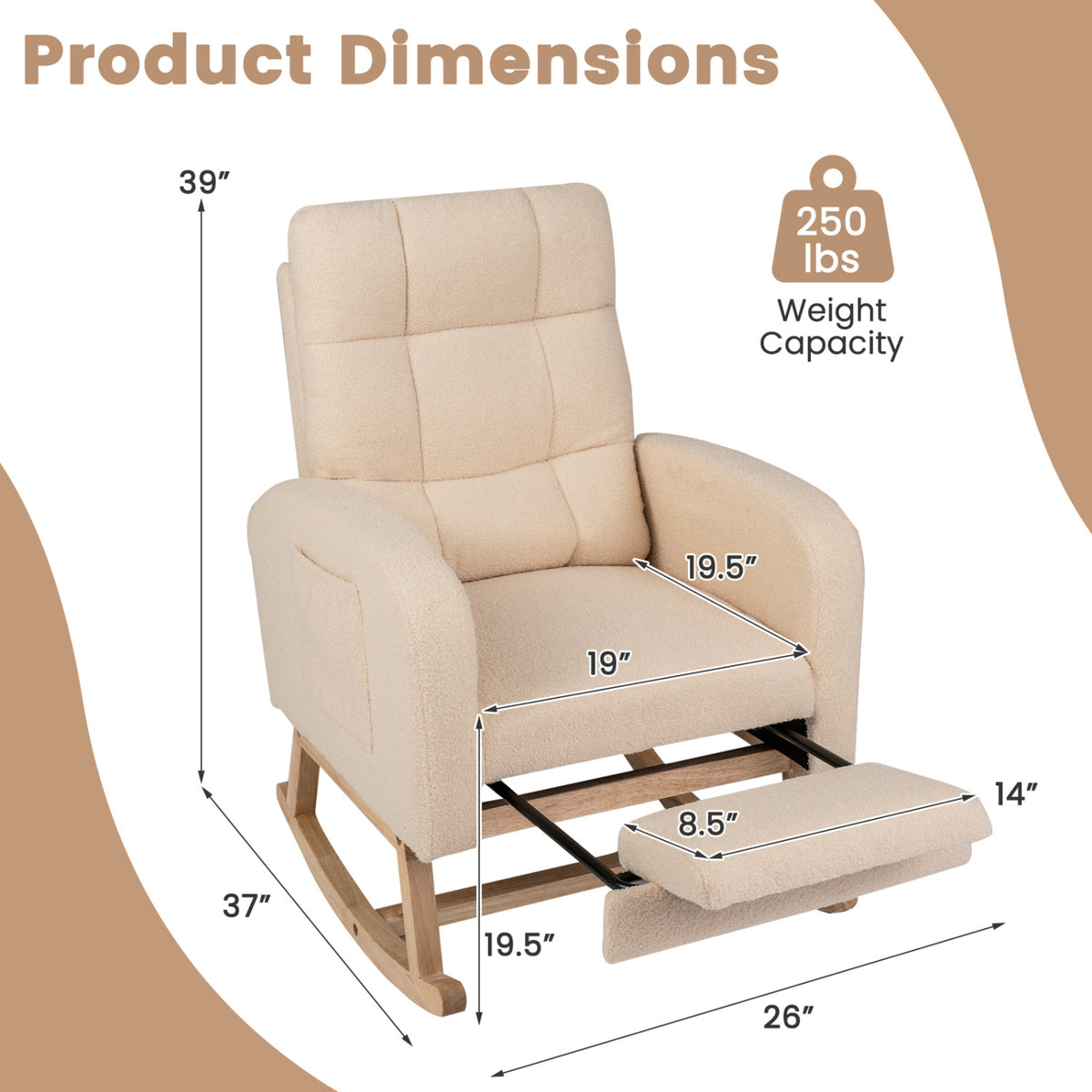 Chaise à bascule rembourrée Teddy, repose-pieds escamotable, beige