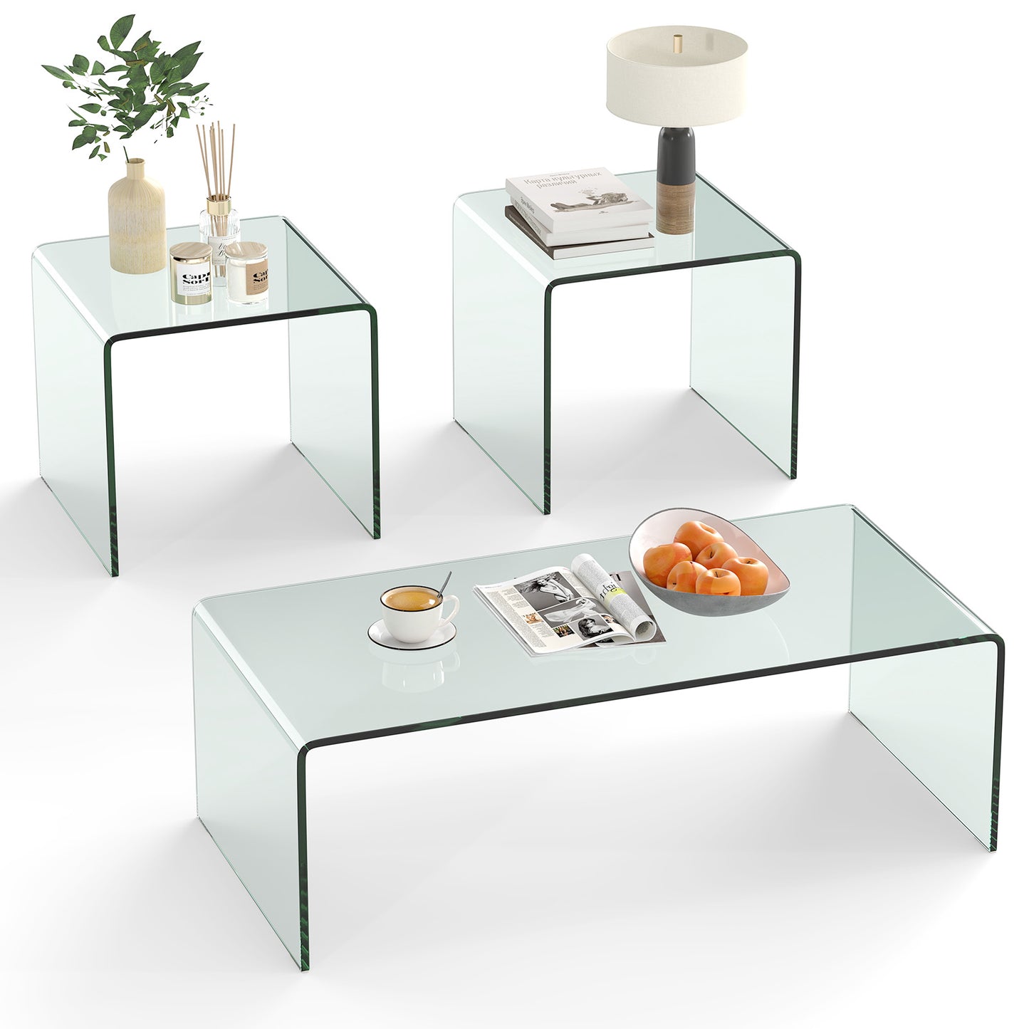 Ensemble de table basse en verre trempé de 3 pièces, transparent