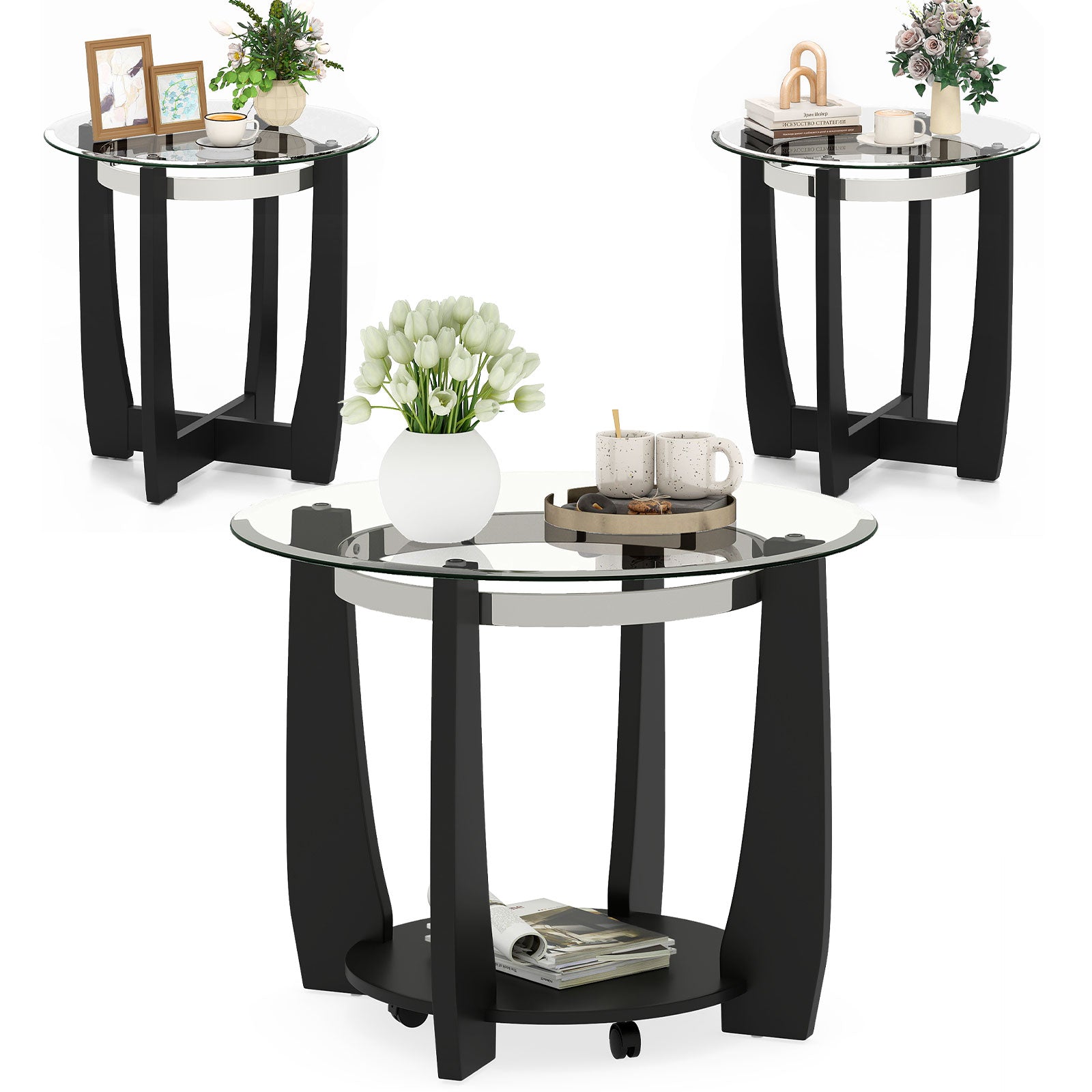 Tempered Glass Coffee Table Set, 3-Piece, Black Coffee Tables Black at Gallery Canada