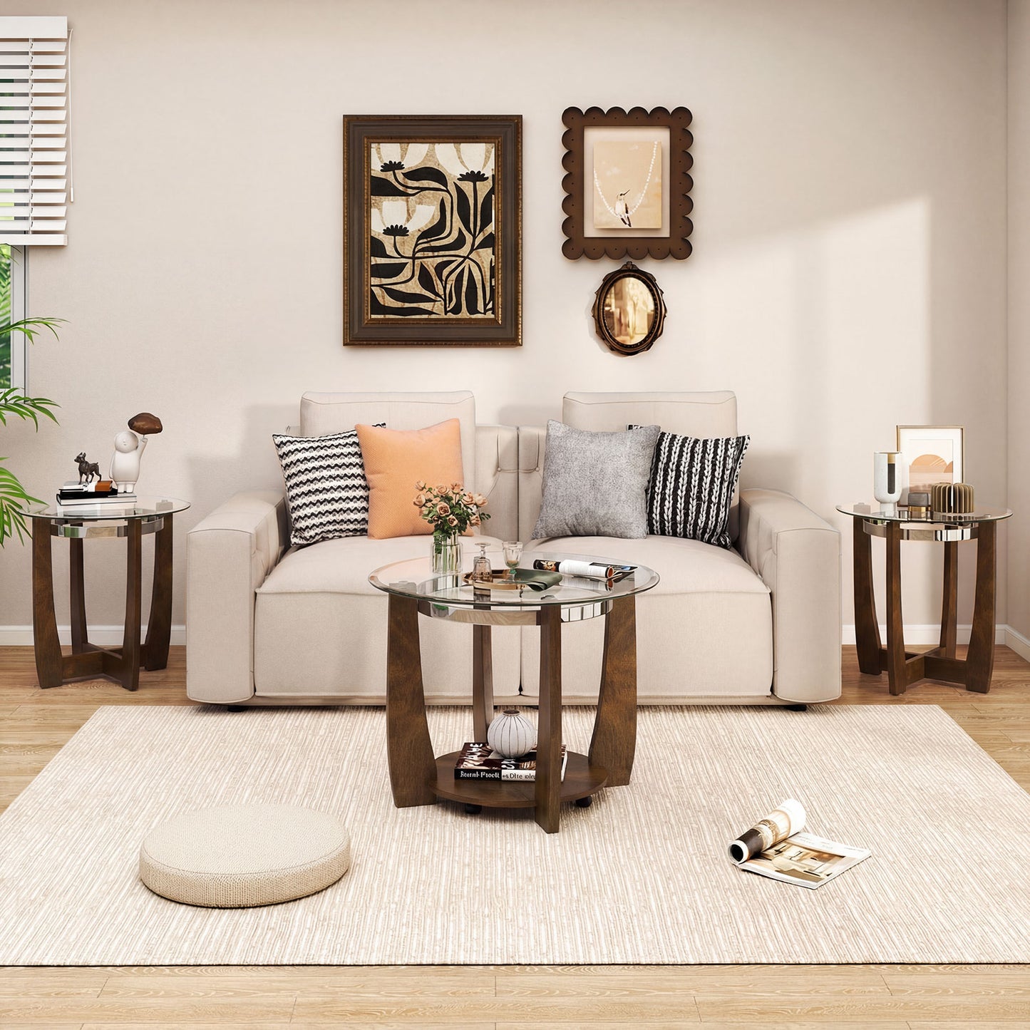Tempered Glass Coffee Table Set, 3-Piece, Walnut Coffee Tables at Gallery Canada