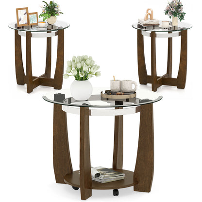 Tempered Glass Coffee Table Set, 3-Piece, Walnut Coffee Tables Walnut at Gallery Canada