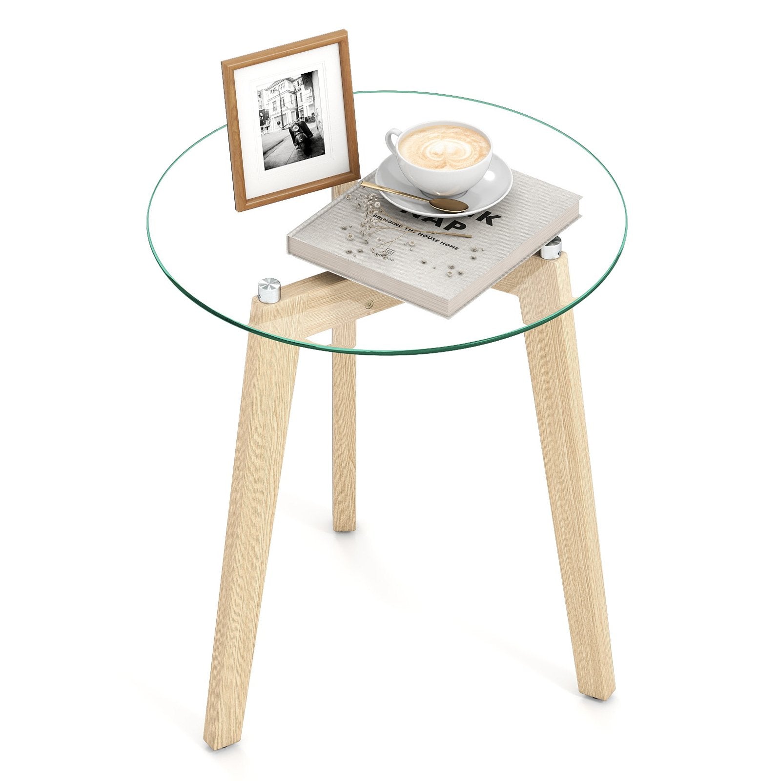 Tempered Glass End Table Round with Solid Rubber Wood Structure-1 Piece, Natural End & Side Tables Natural at Gallery Canada