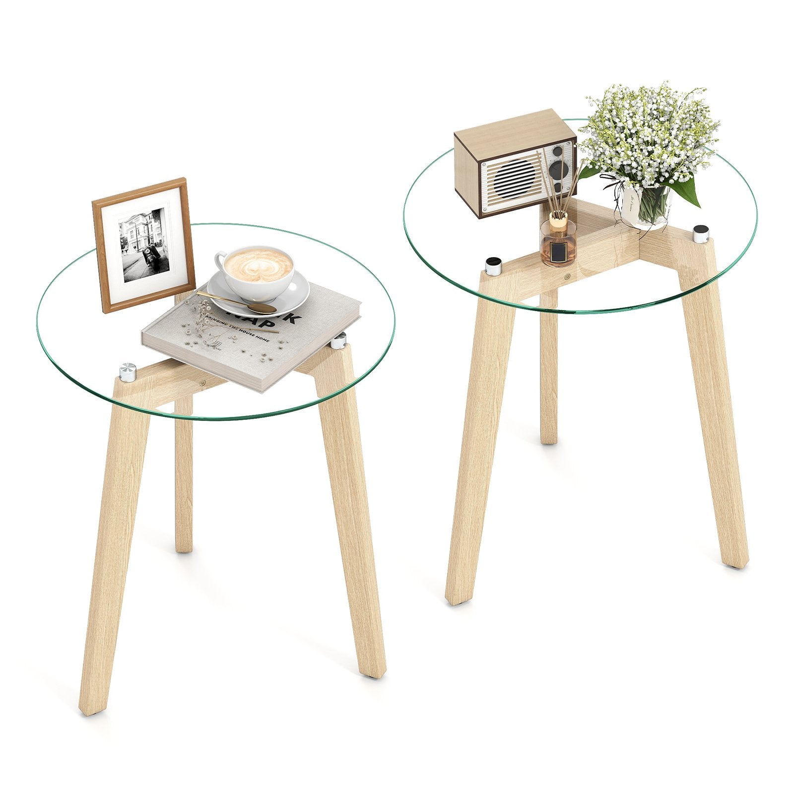 Tempered Glass End Table Round with Solid Rubber Wood Structure-Set of 2, Natural End & Side Tables Natural at Gallery Canada