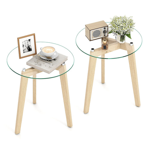 Tempered Glass End Table Round with Solid Rubber Wood Structure-Set of 2, Natural