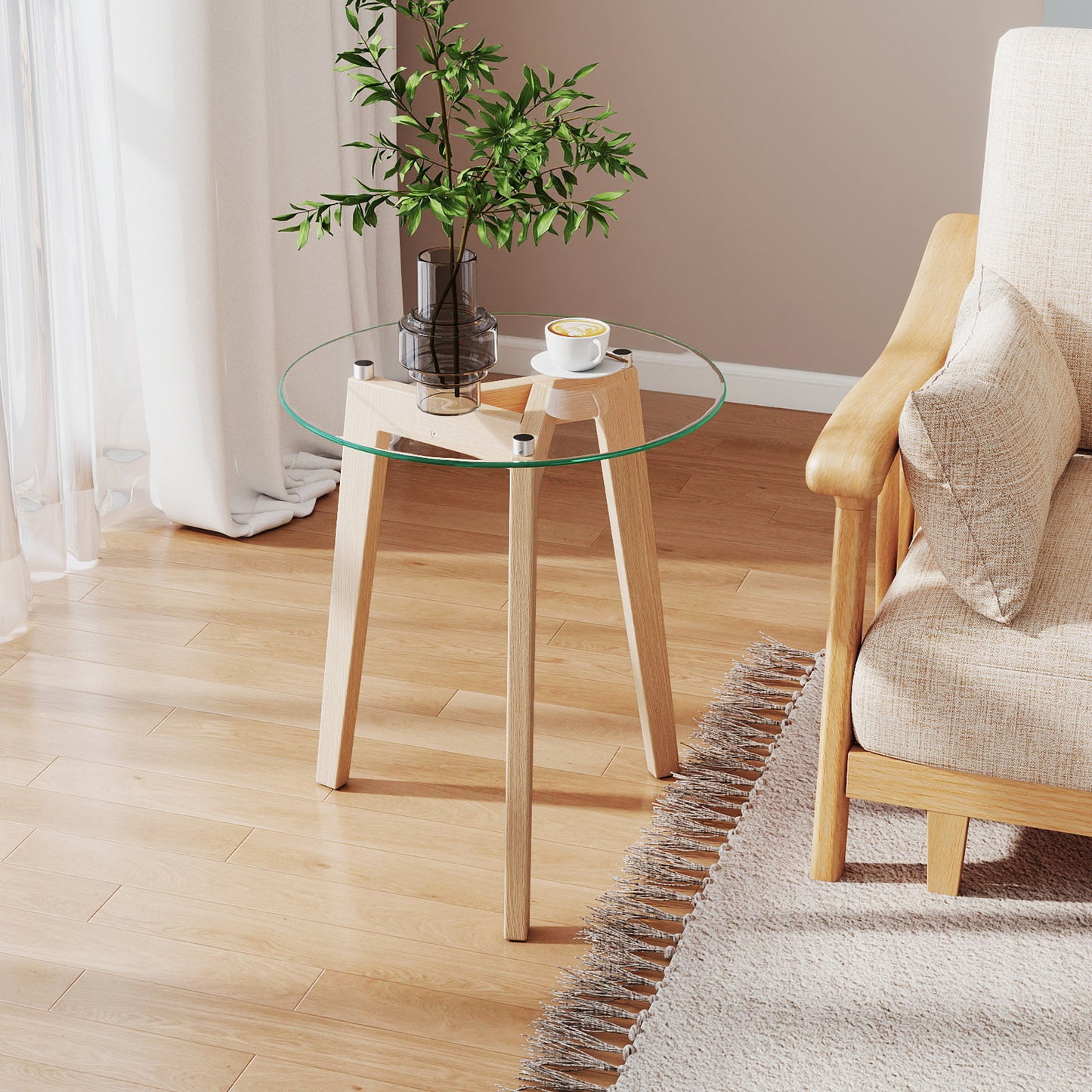 Round Tempered Glass End Table, Solid Rubber Wood Structure, Natural End & Side Tables at Gallery Canada