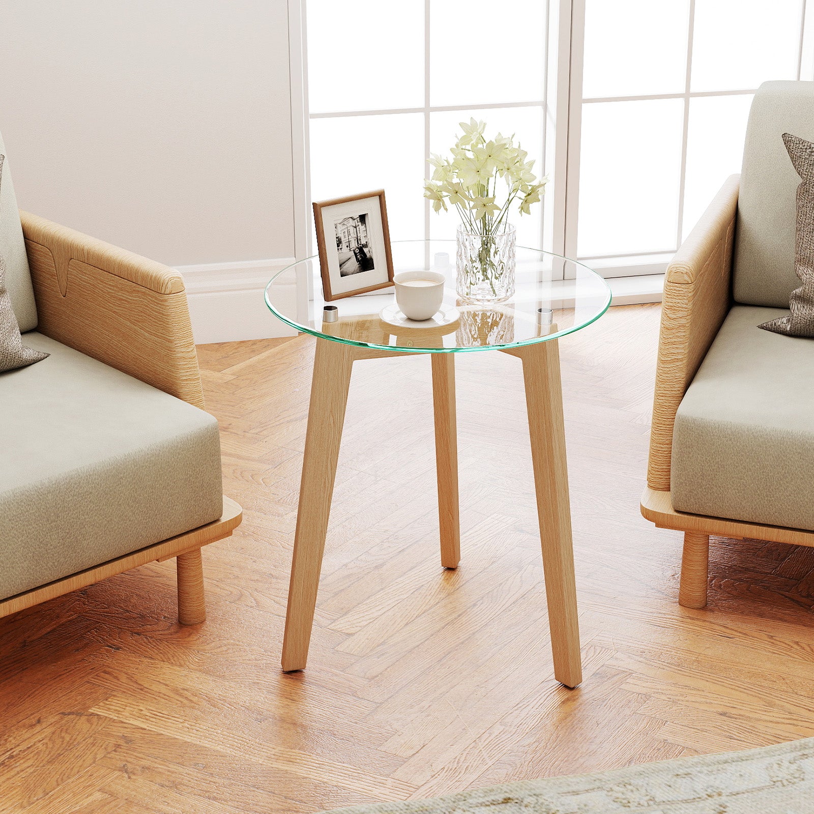 Round Tempered Glass End Table, Solid Rubber Wood Structure, Natural End & Side Tables at Gallery Canada