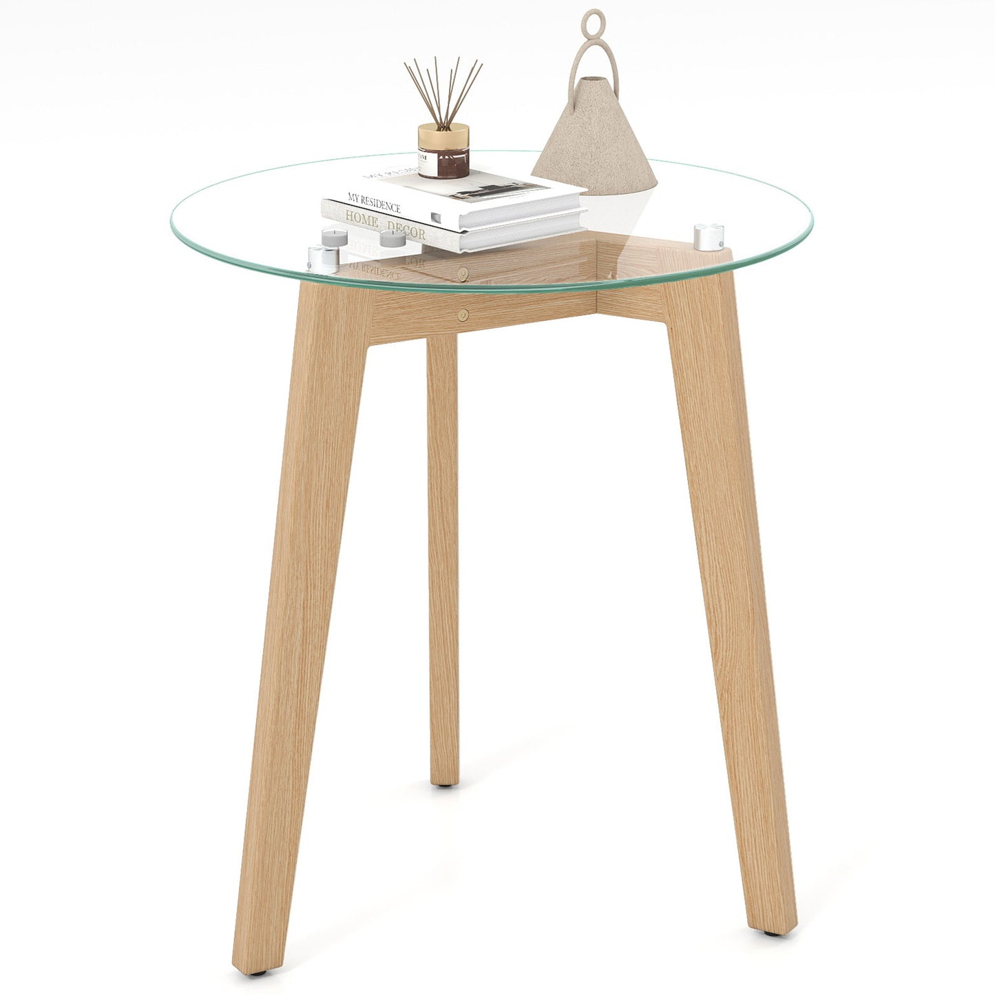 Round Tempered Glass End Table, Solid Rubber Wood Structure, Natural End & Side Tables Natural at Gallery Canada