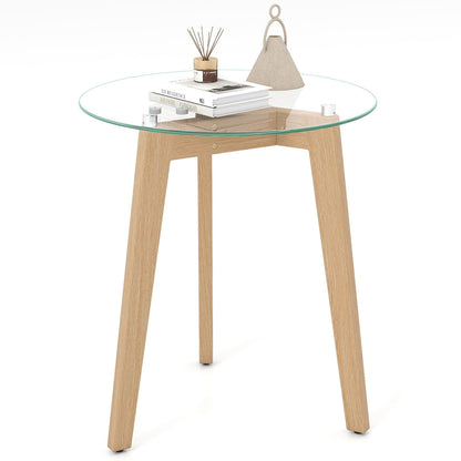 Round Tempered Glass End Table, Solid Rubber Wood Structure, Natural End & Side Tables Natural at Gallery Canada