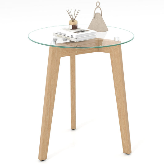 Round Tempered Glass End Table, Solid Rubber Wood Structure, Natural End & Side Tables Natural at Gallery Canada