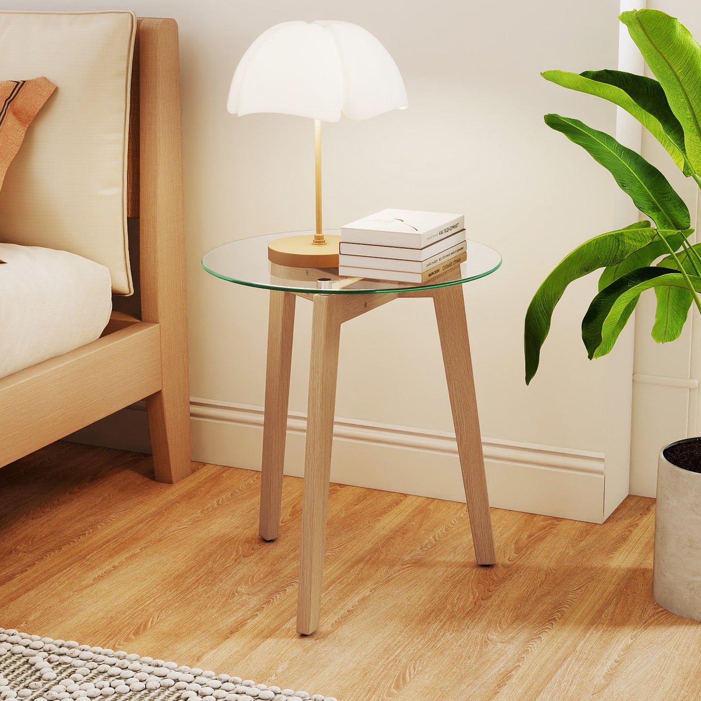 Round Tempered Glass End Table, Solid Rubber Wood Structure, Natural End & Side Tables at Gallery Canada