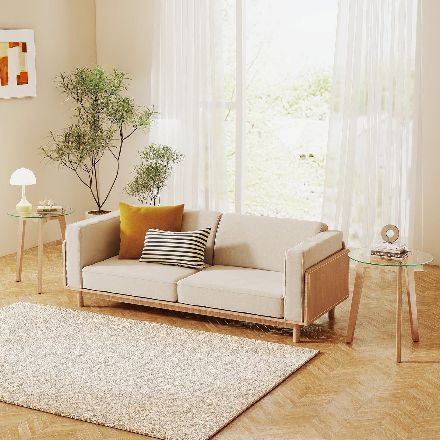Round Tempered Glass End Table, Solid Rubber Wood Structure, Natural End & Side Tables at Gallery Canada