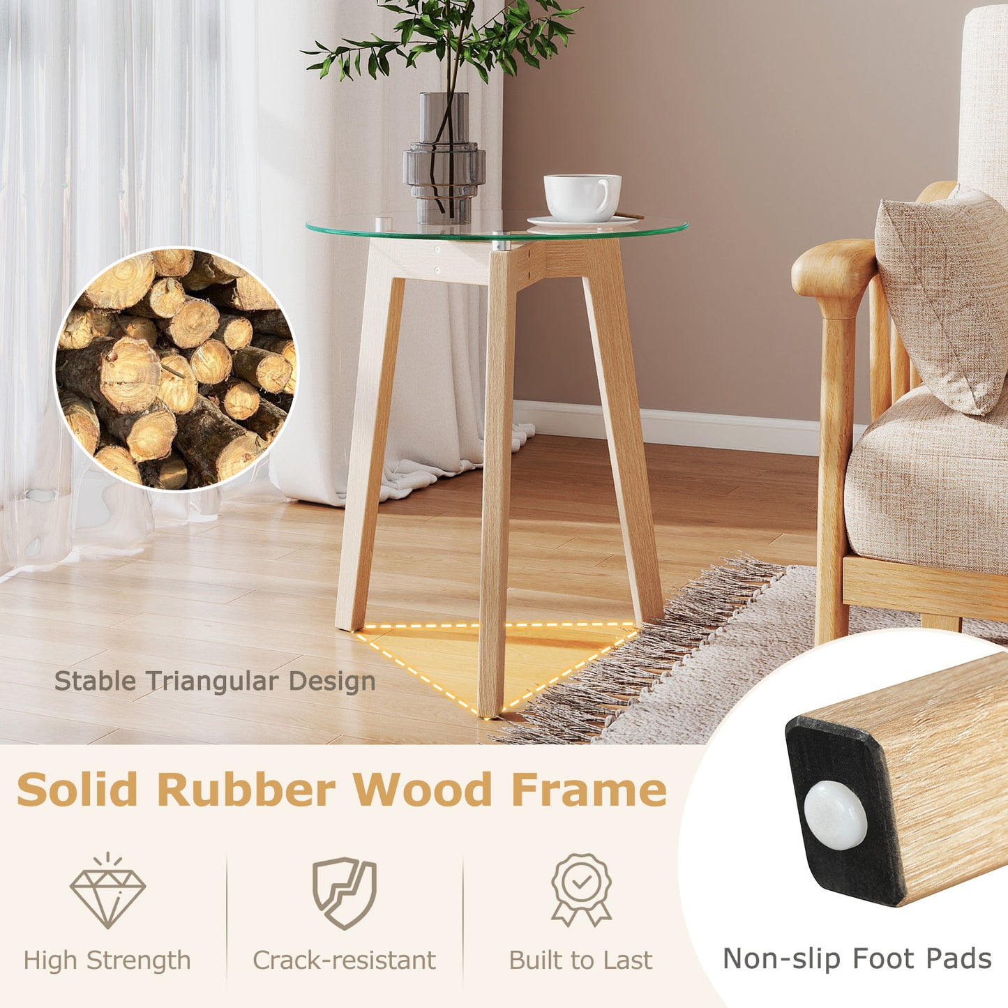 Round Tempered Glass End Table, Solid Rubber Wood Structure, Natural End & Side Tables at Gallery Canada