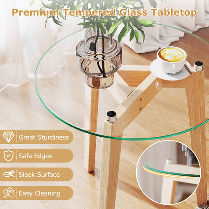 Round Tempered Glass End Table, Solid Rubber Wood Structure, Natural End & Side Tables at Gallery Canada