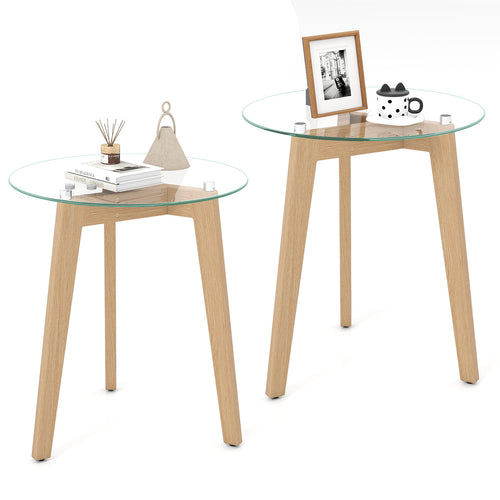 Round Tempered Glass End Table, Solid Rubber Wood, Set of 2, Natural