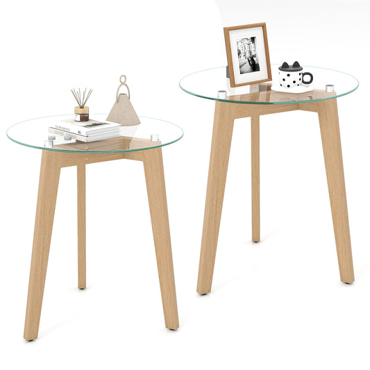Round Tempered Glass End Table, Solid Rubber Wood, Set of 2, Natural End & Side Tables Natural at Gallery Canada