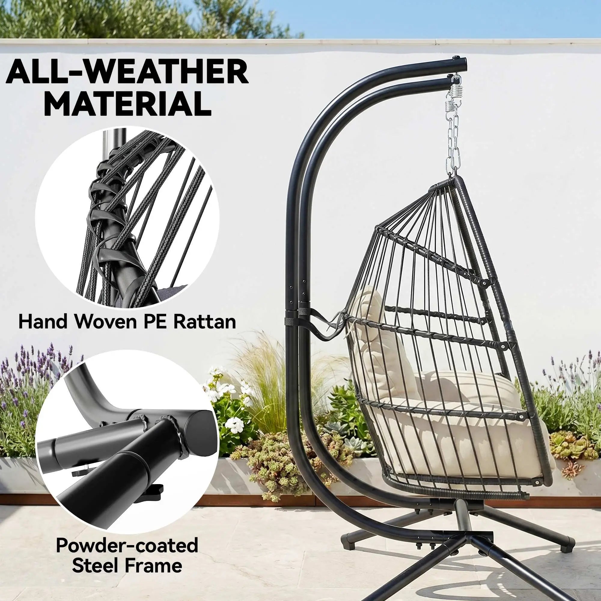 Double Wicker Egg Swing Chair, Foldable with Stand, UV Resistant Cushion, Cream White Patio Swings with Stand at Gallery Canada