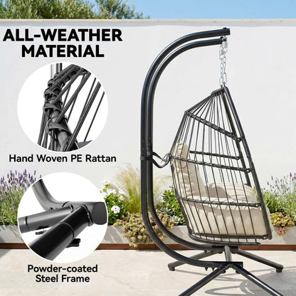 Double Wicker Egg Swing Chair, Foldable with Stand, UV Resistant Cushion, Cream White Patio Swings with Stand at Gallery Canada