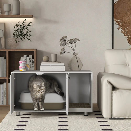 Hidden Cat Litter Box Furniture, Double Doors, Scratching Pad, White