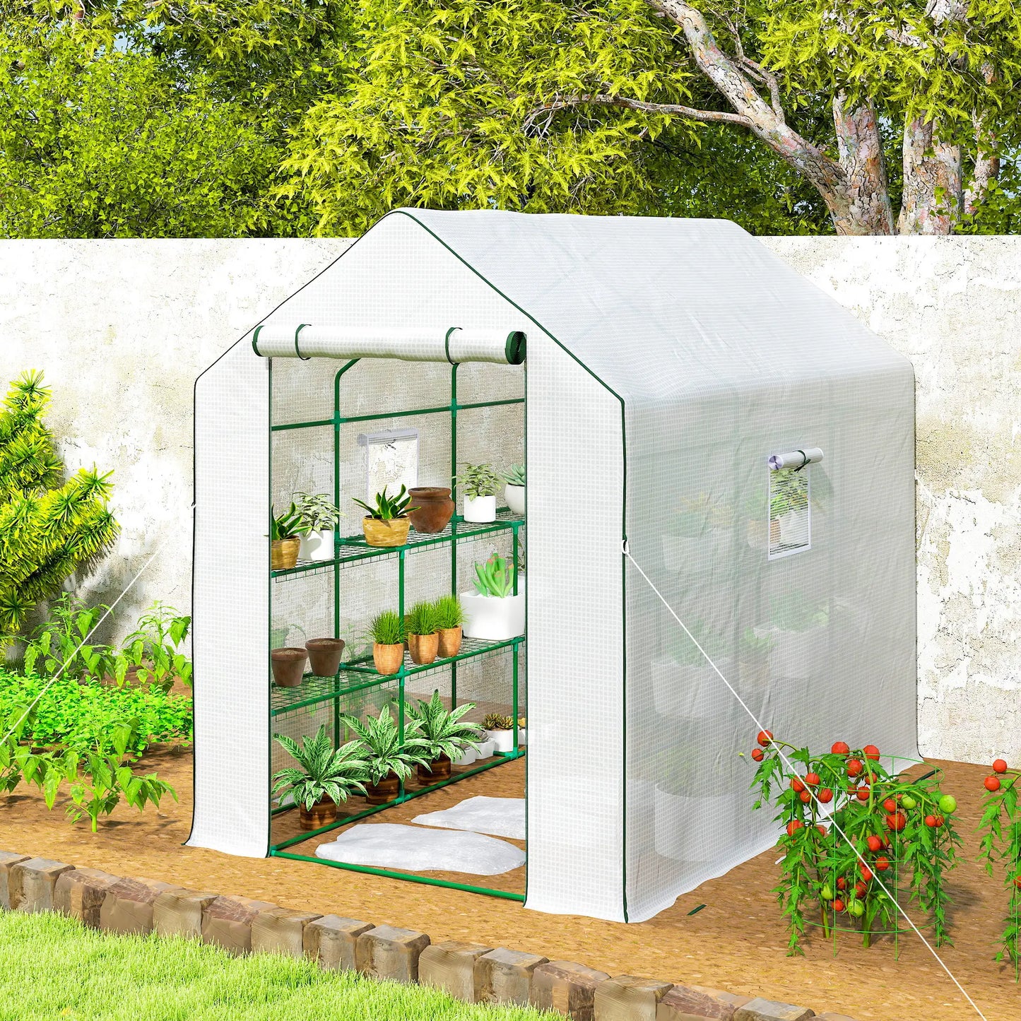 Walk-In Greenhouse, 3 Tier, Roll-Up Door, Mesh Windows, 140 x 213 x 190 cm, White Walk In Greenhouses at Gallery Canada