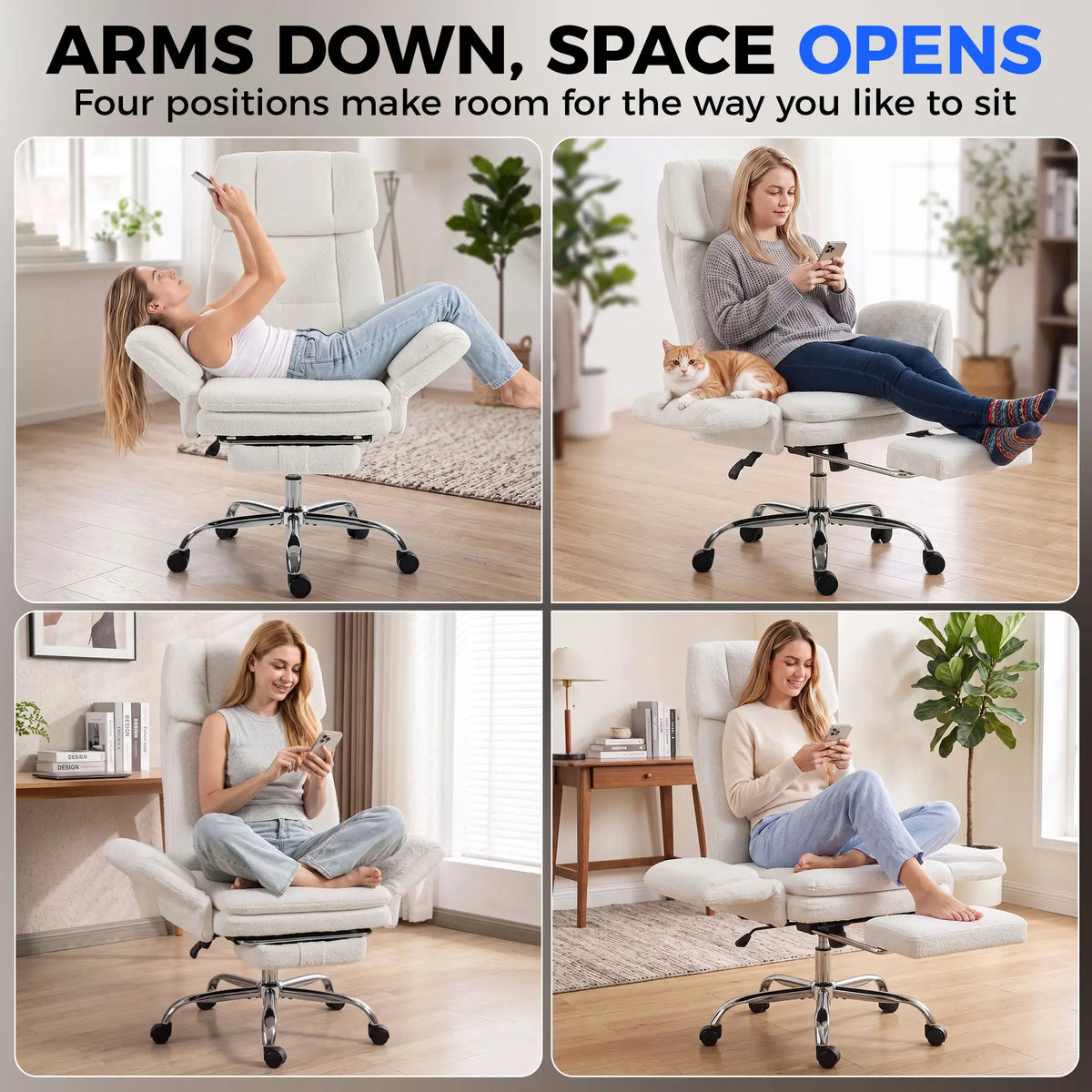 Big Tall Office Chair Flip Armrests Cross Legged 400 lbs, Cream