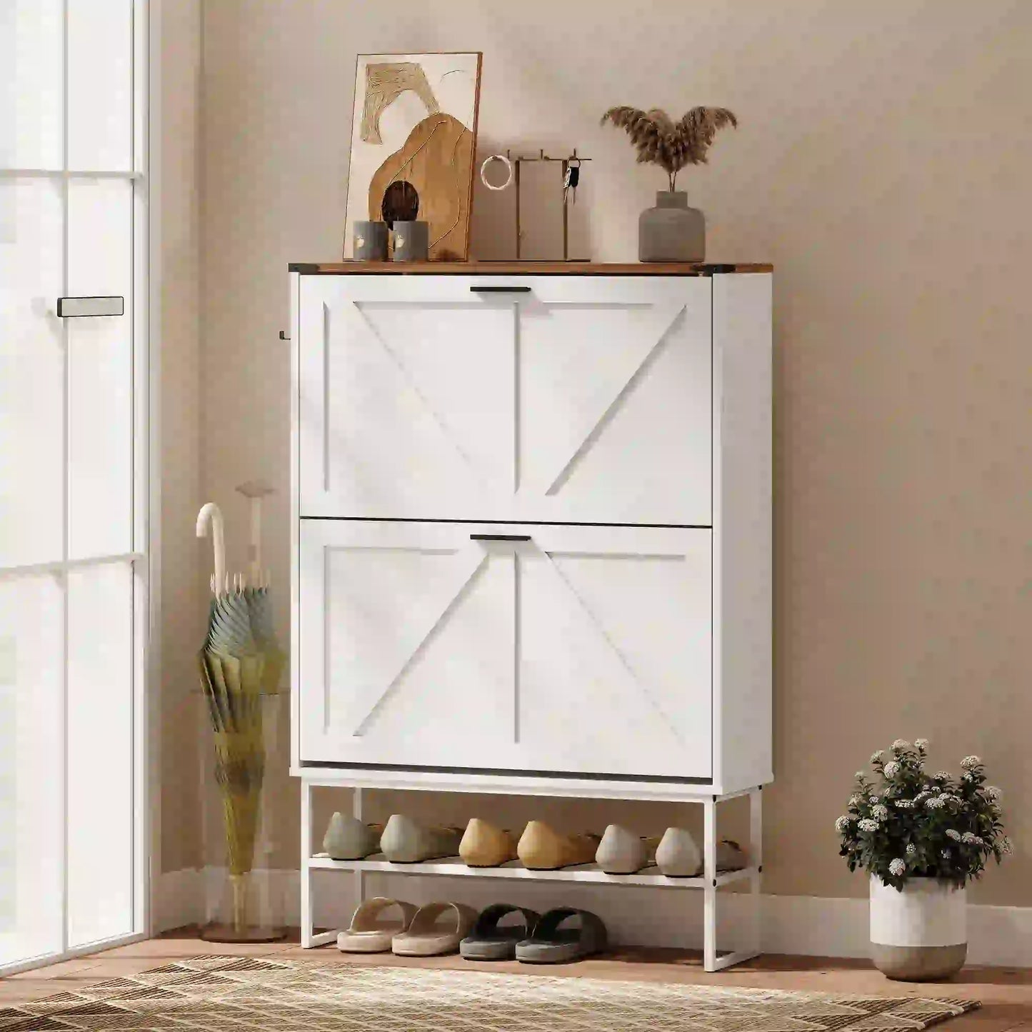Narrow Shoe Cabinet with 2 Flip Drawers, Slim, White Wood Grain, White Shoe Storage Cabinets & Racks at Gallery Canada