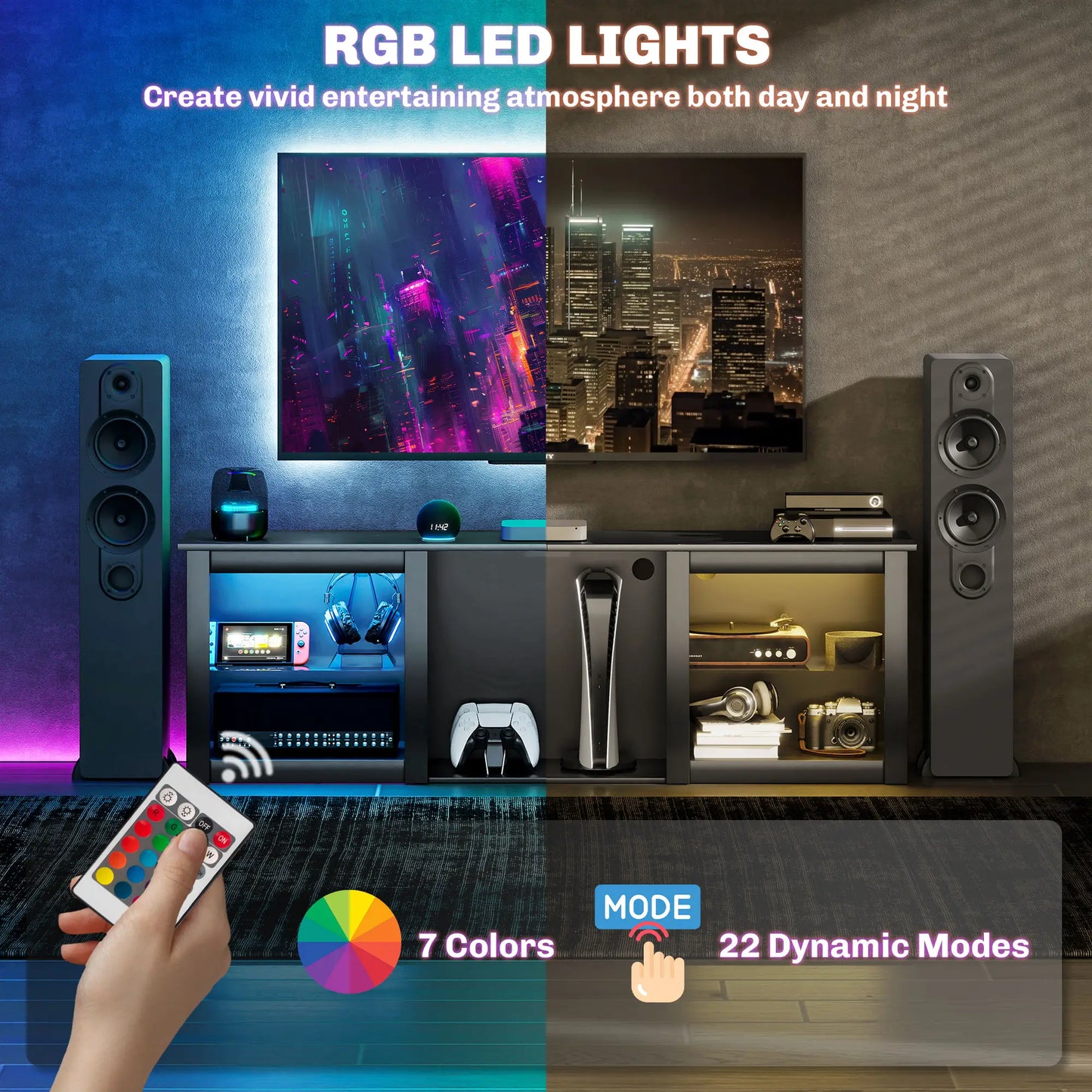 TV Stand With LED Lights, Adjustable Glass Shelves, For 65 Inch TVs, Black TV Stands at Gallery Canada