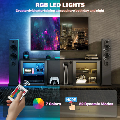 TV Stand With LED Lights, Adjustable Glass Shelves, For 65 Inch TVs, Black TV Stands at Gallery Canada