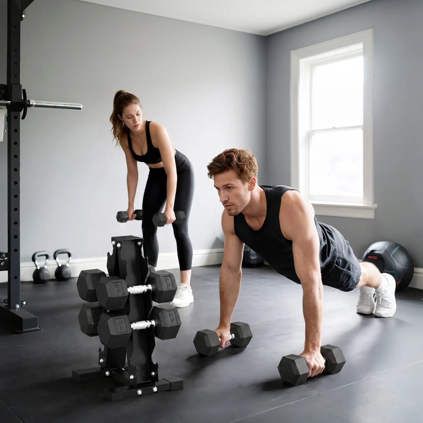 Hex Dumbbell Set With Rack, 180lbs Rubber-Coated, black