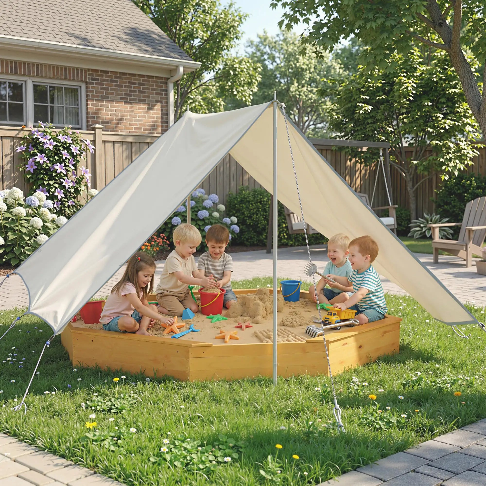 Wooden Kids Sandbox With Large Canopy, 4 Bench Seats, Bottom Liner, Yellow Sandboxes & Accessories at Gallery Canada