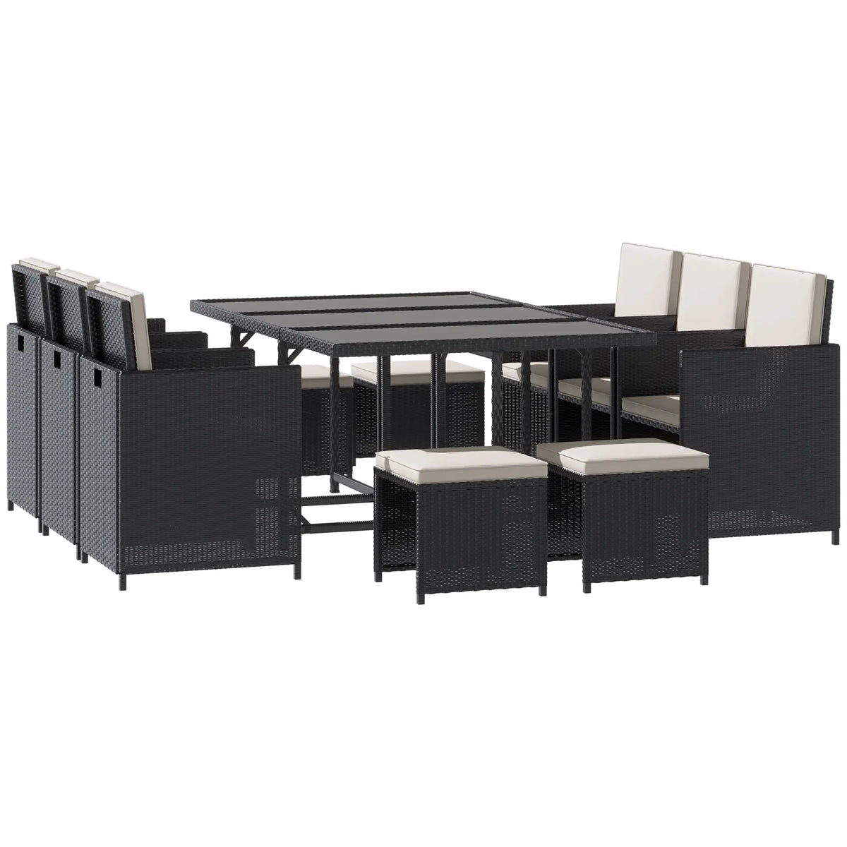 11 Piece Wicker Patio Dining Set with Glass Table, 6 Chairs & Ottomans Outdoor Dining Sets Black, Cream White at Gallery Canada