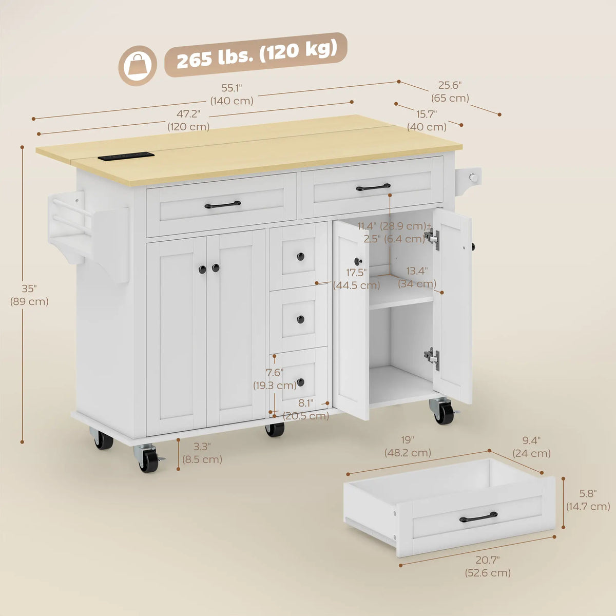 Kitchen Island Cart with Power Outlet, Drop Leaf, 55 Inch, White Kitchen Islands & Kitchen Carts at Gallery Canada
