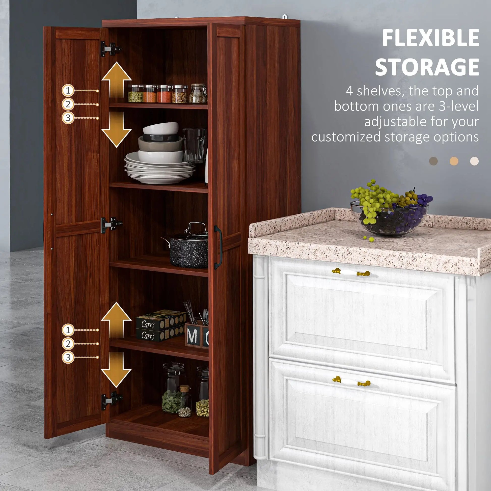 63" Kitchen Storage Cabinet, 5-Tier Pantry with Doors, Adjustable Shelves, Tan Kitchen Pantry Cabinets at Gallery Canada