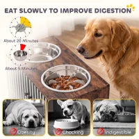 Gamelles surélevées pour chien, distributeur lent, 2 bols en acier inoxydable, marron rustique