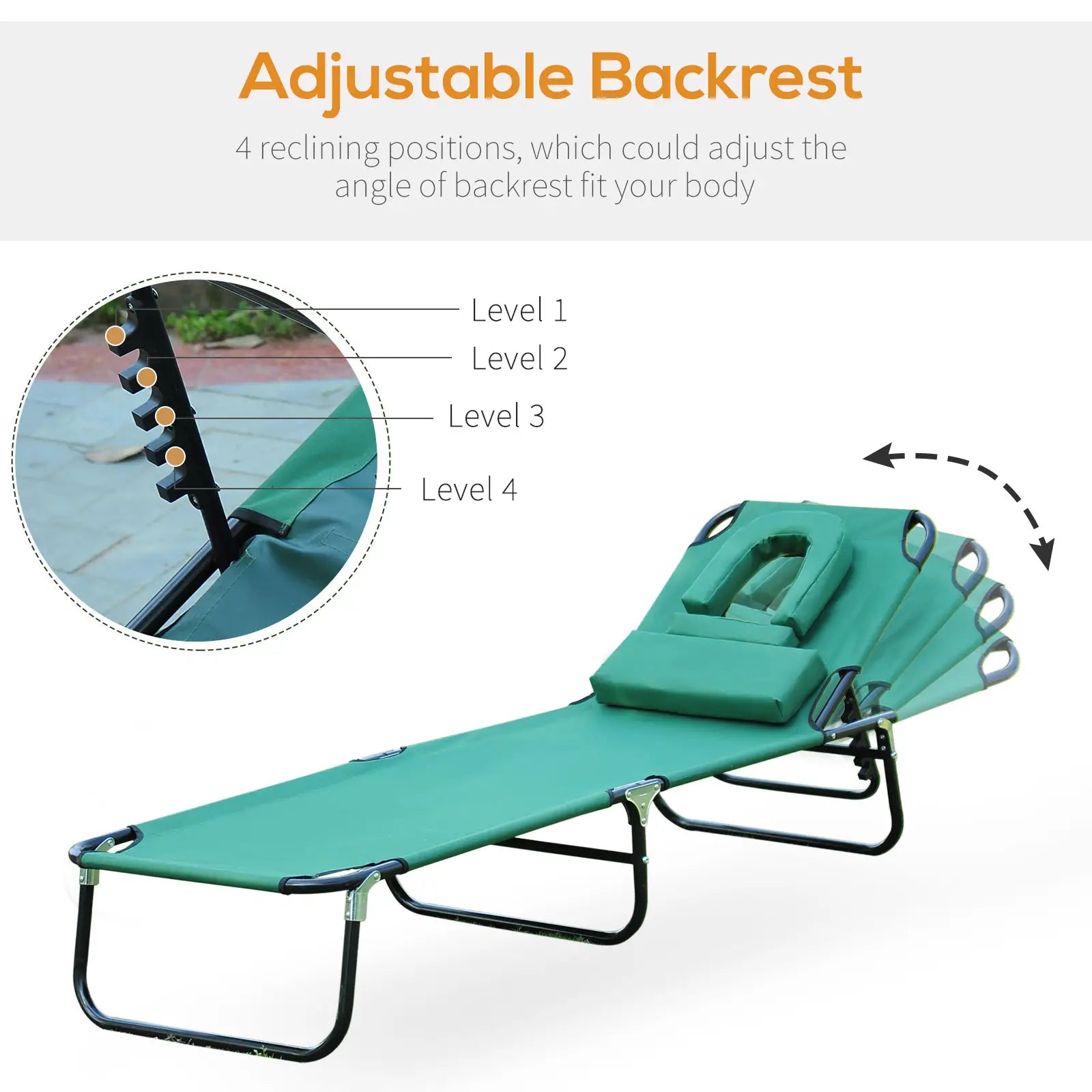 Folding Outdoor Lounge Chair, Portable Reclining Beach Lounger, Detachable Pillow, 3-Position Adjustable, Green Lounger Chairs at Gallery Canada