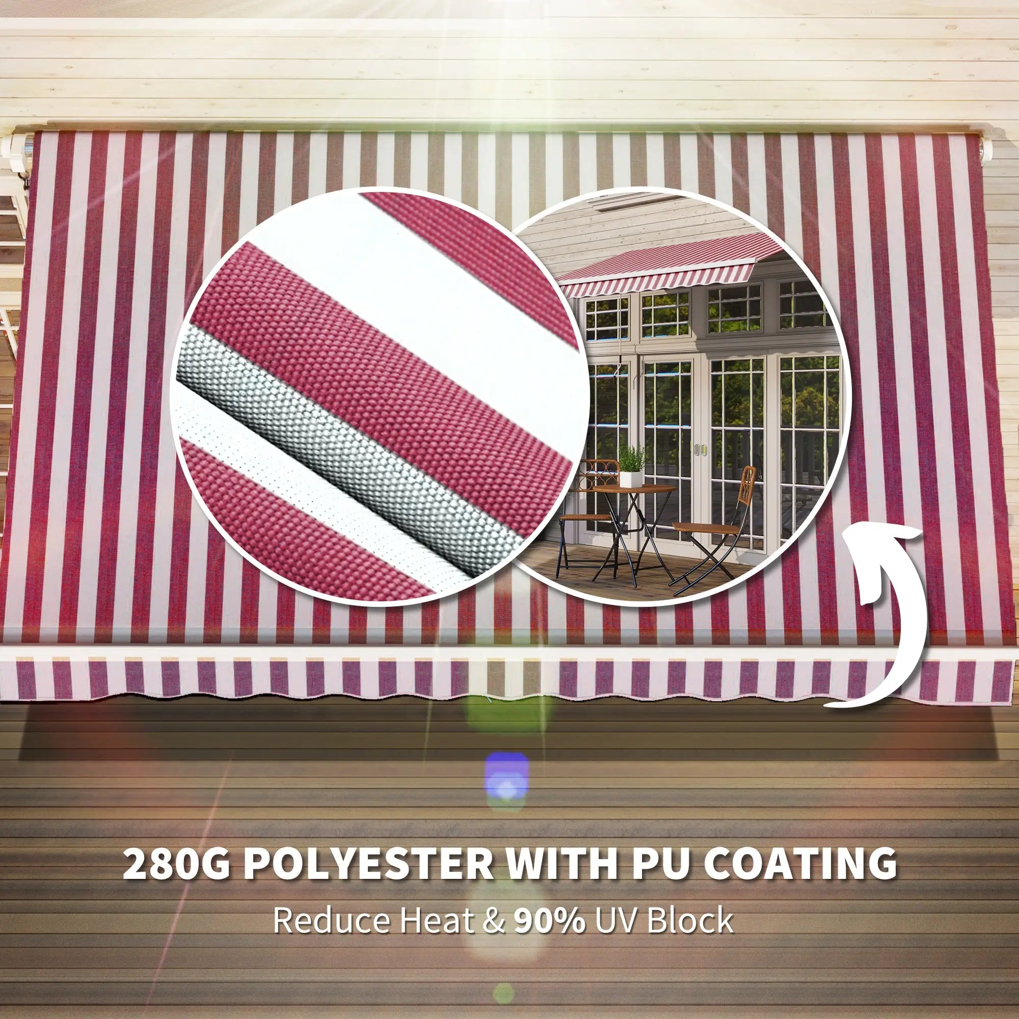 10' x 8' Manual Retractable Awning, Sun Shade Canopy, Aluminum Frame, UV Protection, White Stripe, Wine Red Patio Awnings at Gallery Canada