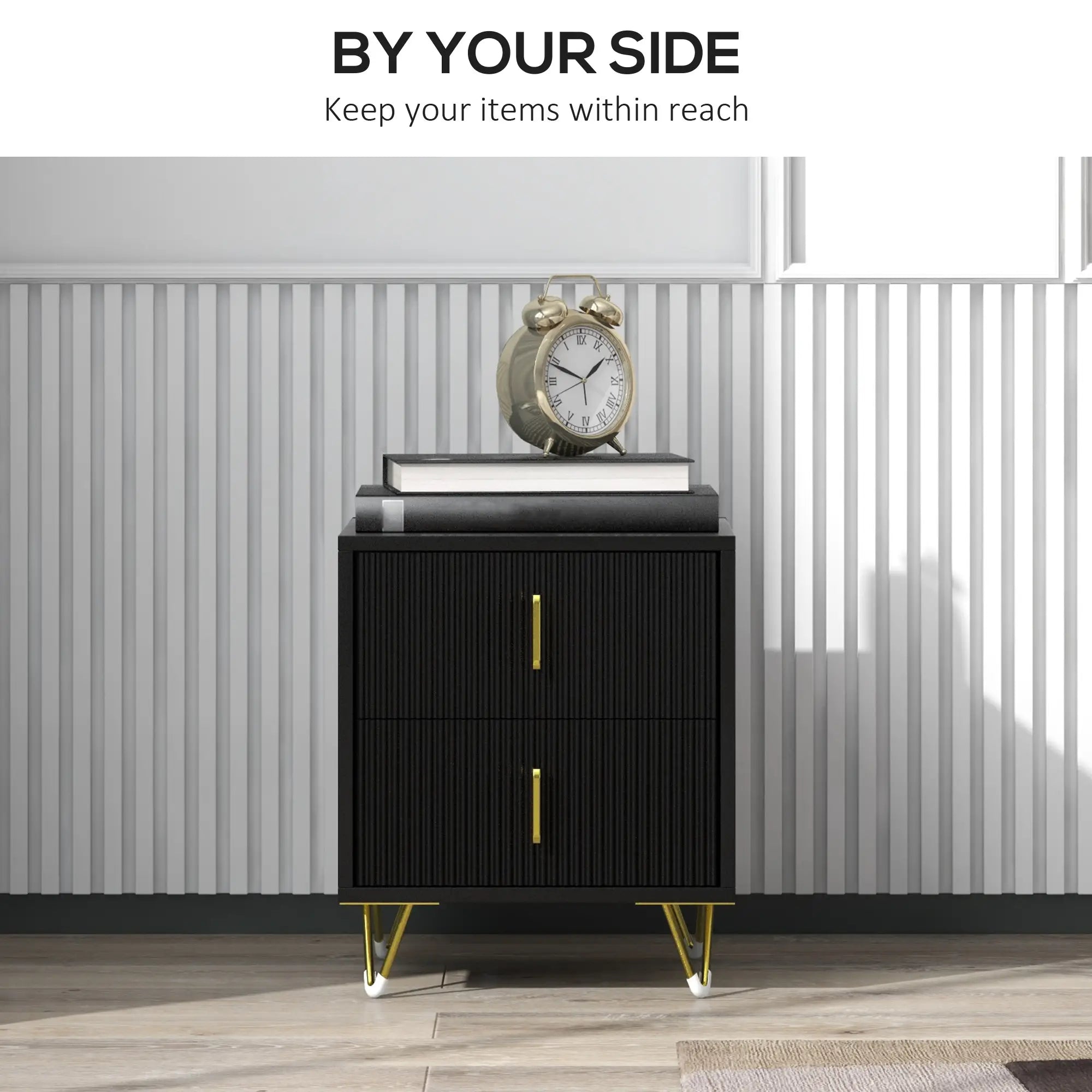 Modern Nightstand, 2 Drawers, Metal Legs, Bedroom Living Room, Black Bedside Tables at Gallery Canada